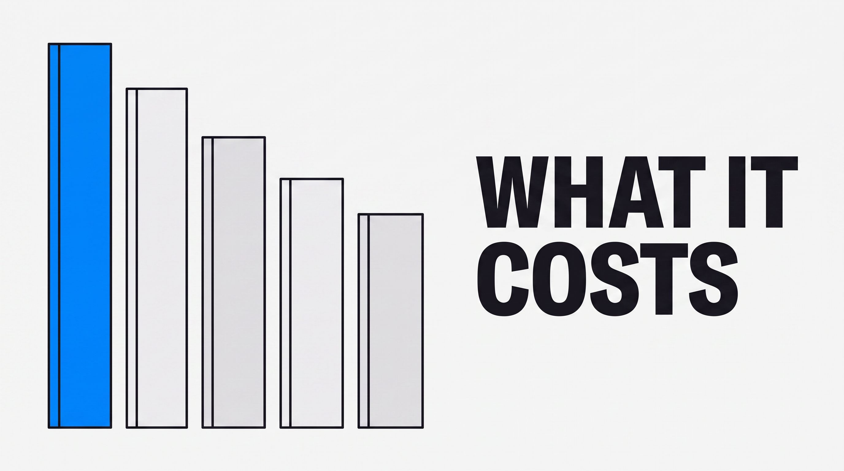 Five book cover shapes in a descending row, the tallest filled solid blue, with the words "WHAT IT COSTS" in large uppercase type on the right.